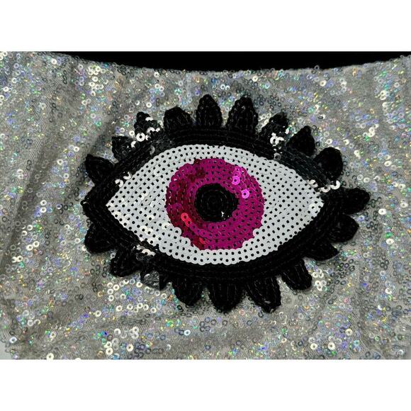RAVE WONDERLAND Silver Sequin Covered Pink Evil Eye Cheeky Bootie Shorts Sz M/L - Picture 2 of 8